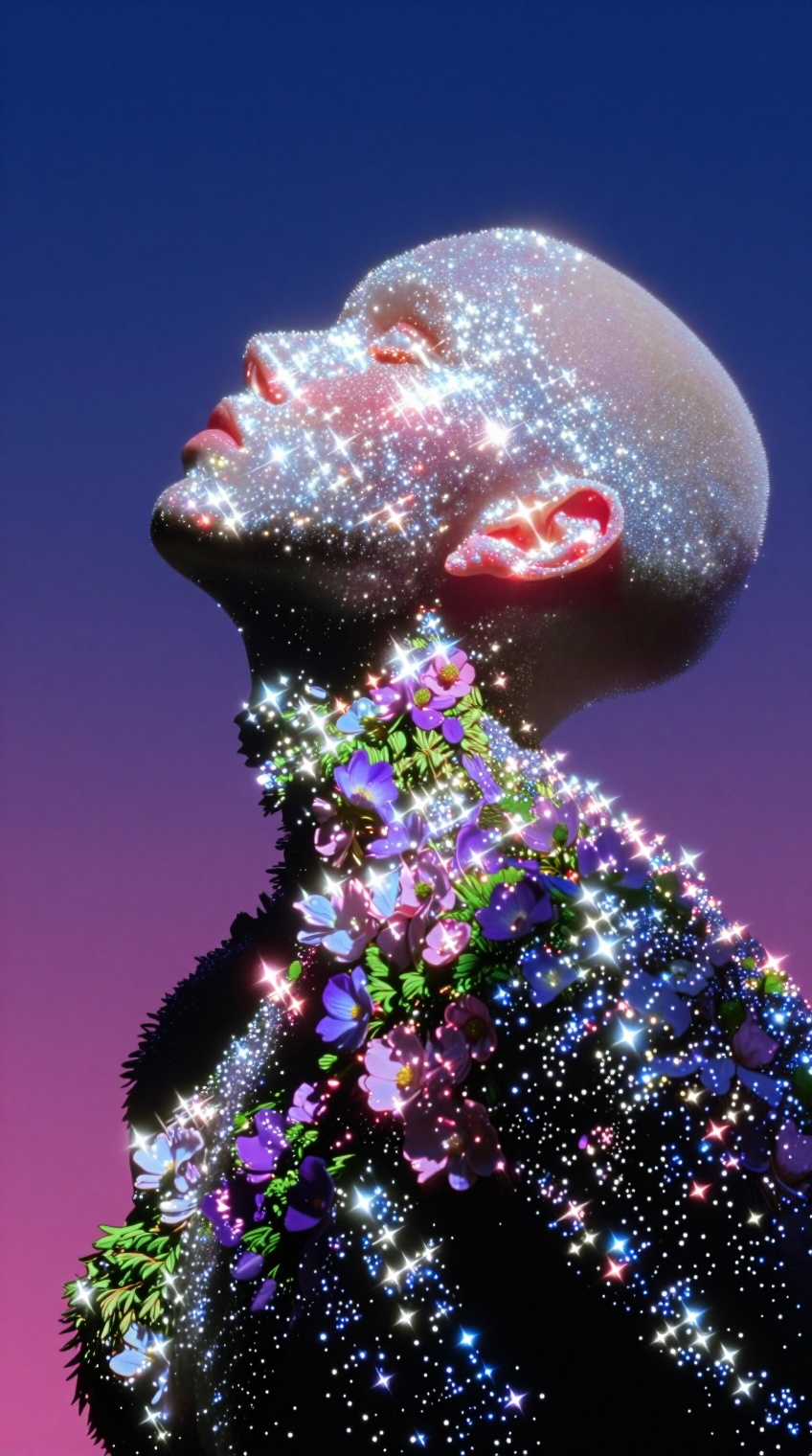 A bald figure with closed eyes tilts their head upward against a gradient sky shifting from deep blue at the top to magent...