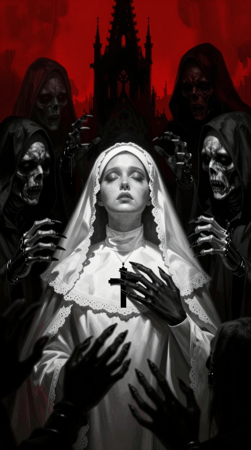 A striking dark gothic horror illustration featuring a young woman dressed as a nun or religious figure in the center,  we...