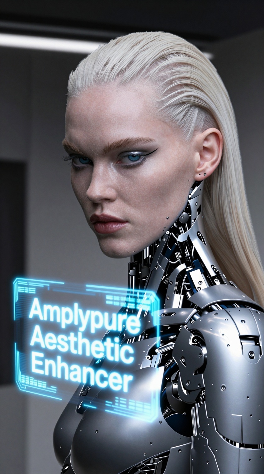 A breathtaking portrait of a female cyborg with platinum blonde hair and intricate mechanical silver parts visible on her...