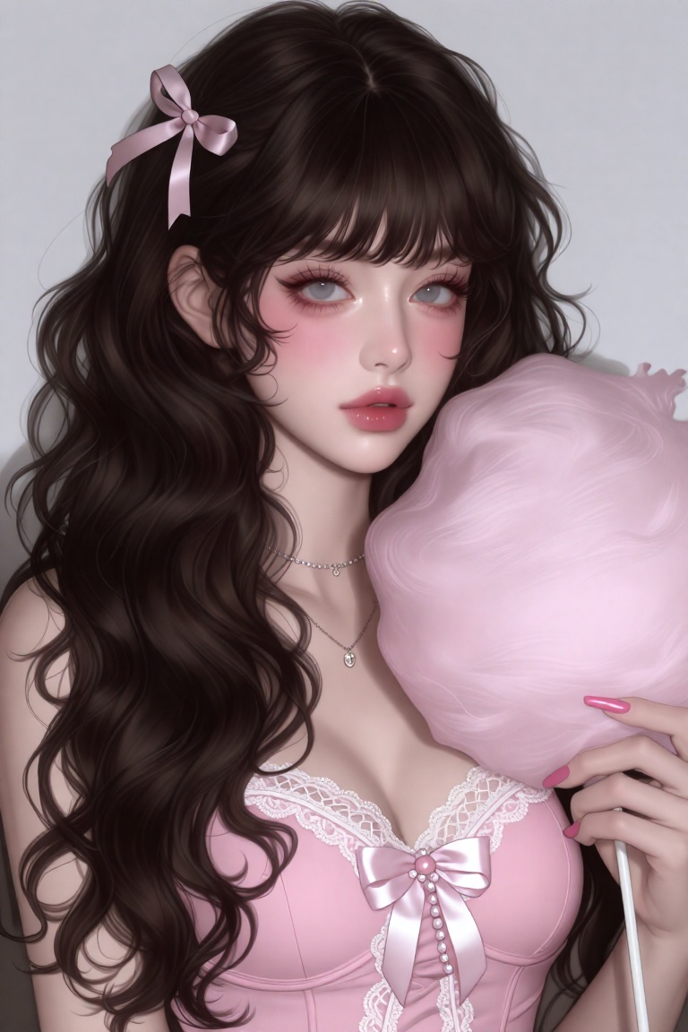Beautiful women,  waist up shot,  dark wavy hair with wispy bangs and half up pony tied with a small pink bow on Tensor.Art