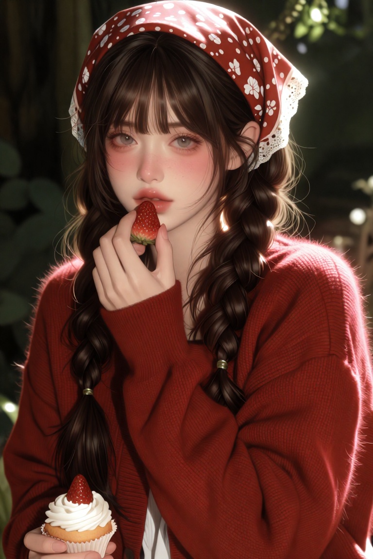 Close up portrait of a young woman with two braided pigtails,  bangs,  wearing an red oversized knit cardigan and a red he...