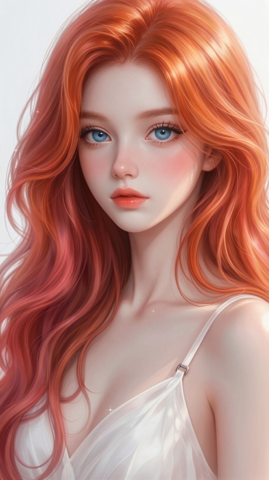 A captivating illustration showcases a young woman with voluminous,  wavy reddish-orange hair that flows around her should...