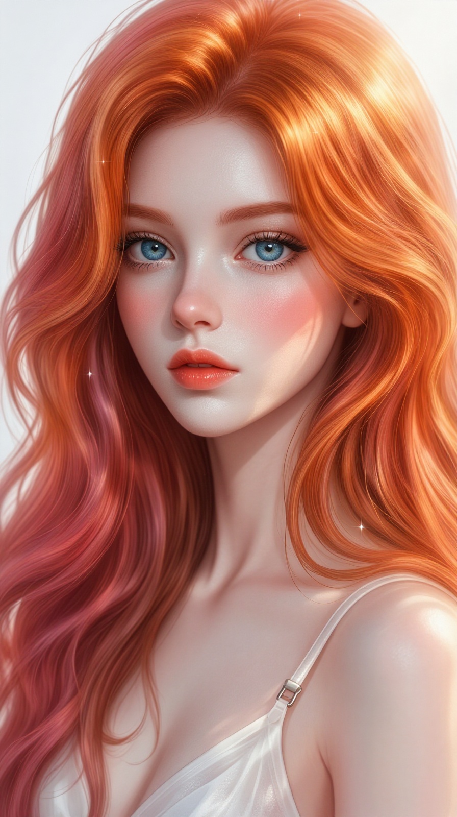 A captivating illustration showcases a young woman with voluminous,  wavy reddish-orange hair that flows around her should...