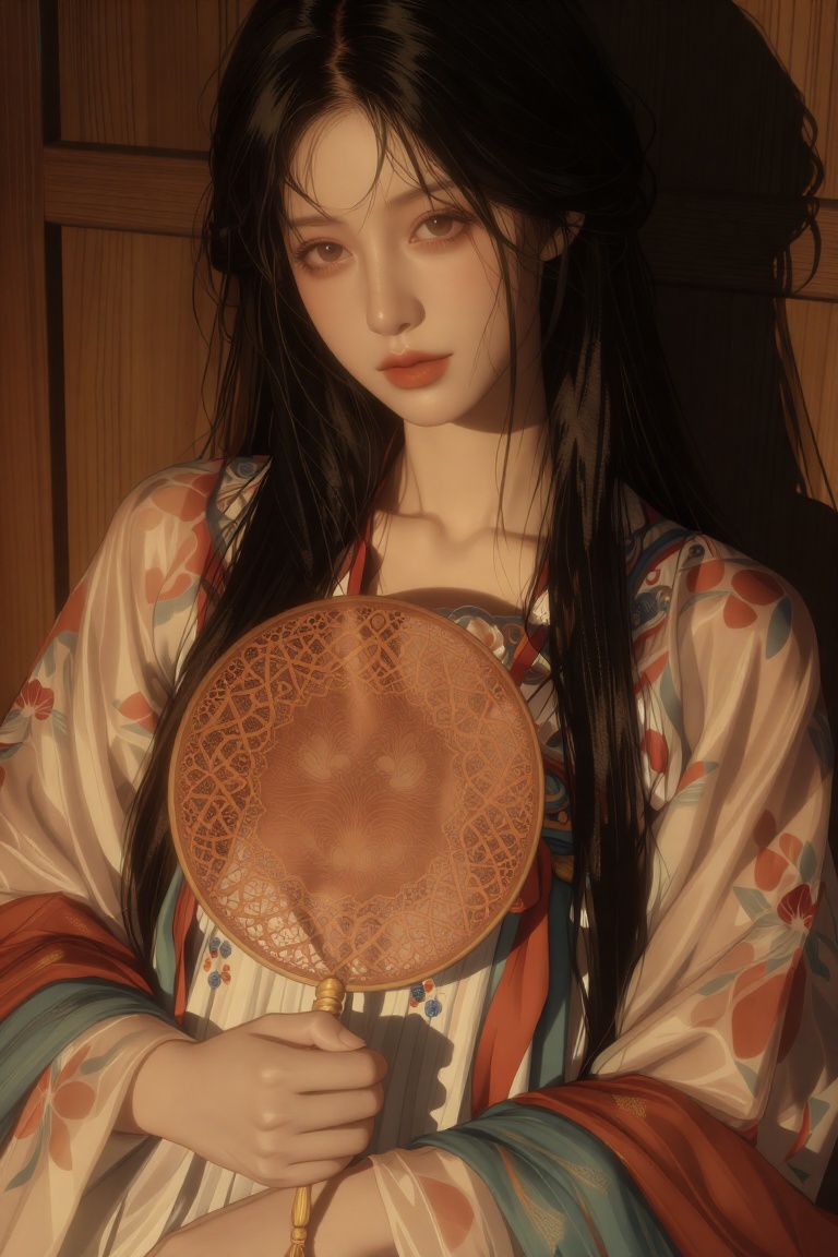 beautiful girl,  close-up portrait of a woman with long black hair,  wearing a traditional floral designed hanfu: a flowin...
