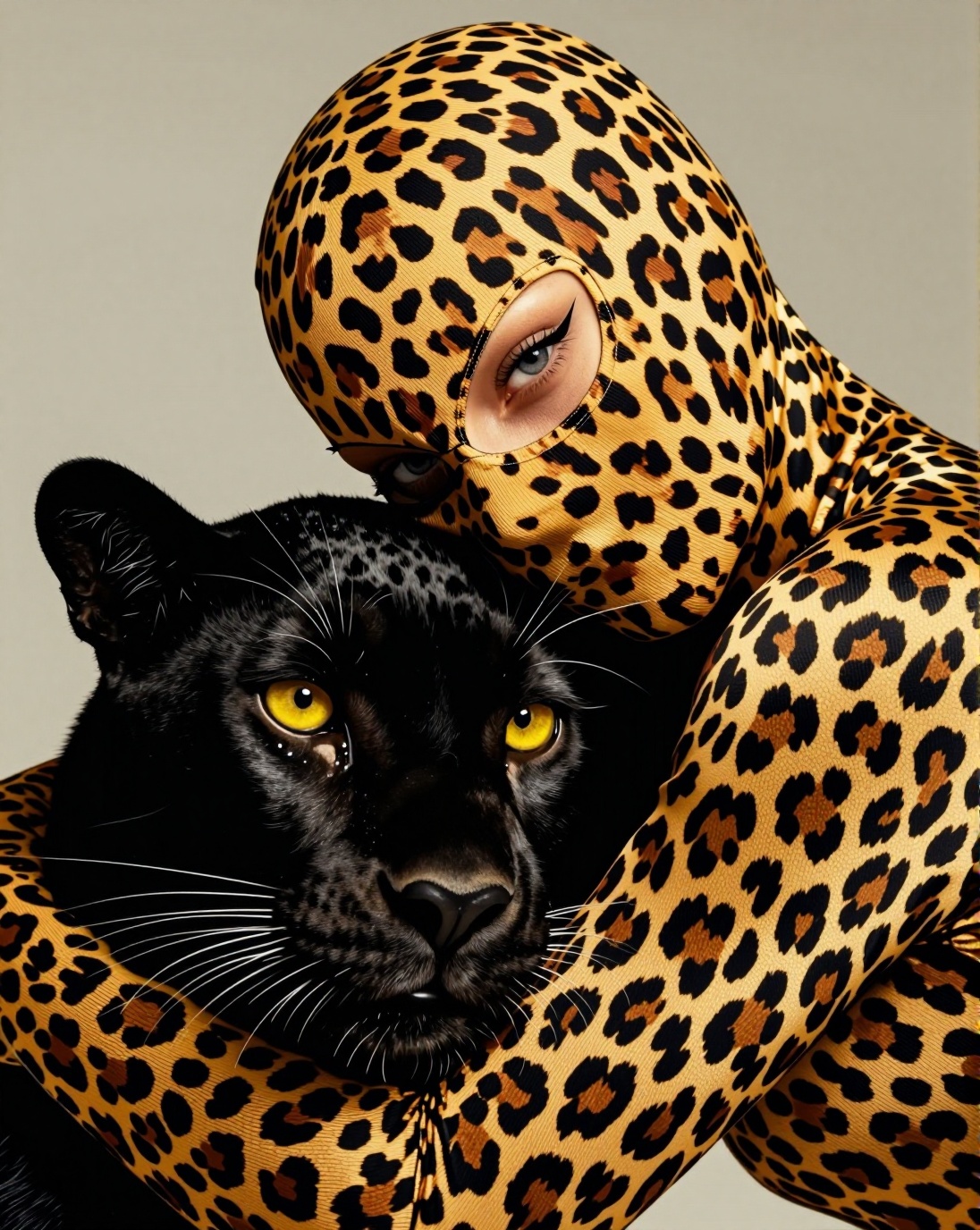 A woman is featured in a full-body leopard-print catsuit which includes a matching balaclava covering her entire head and...