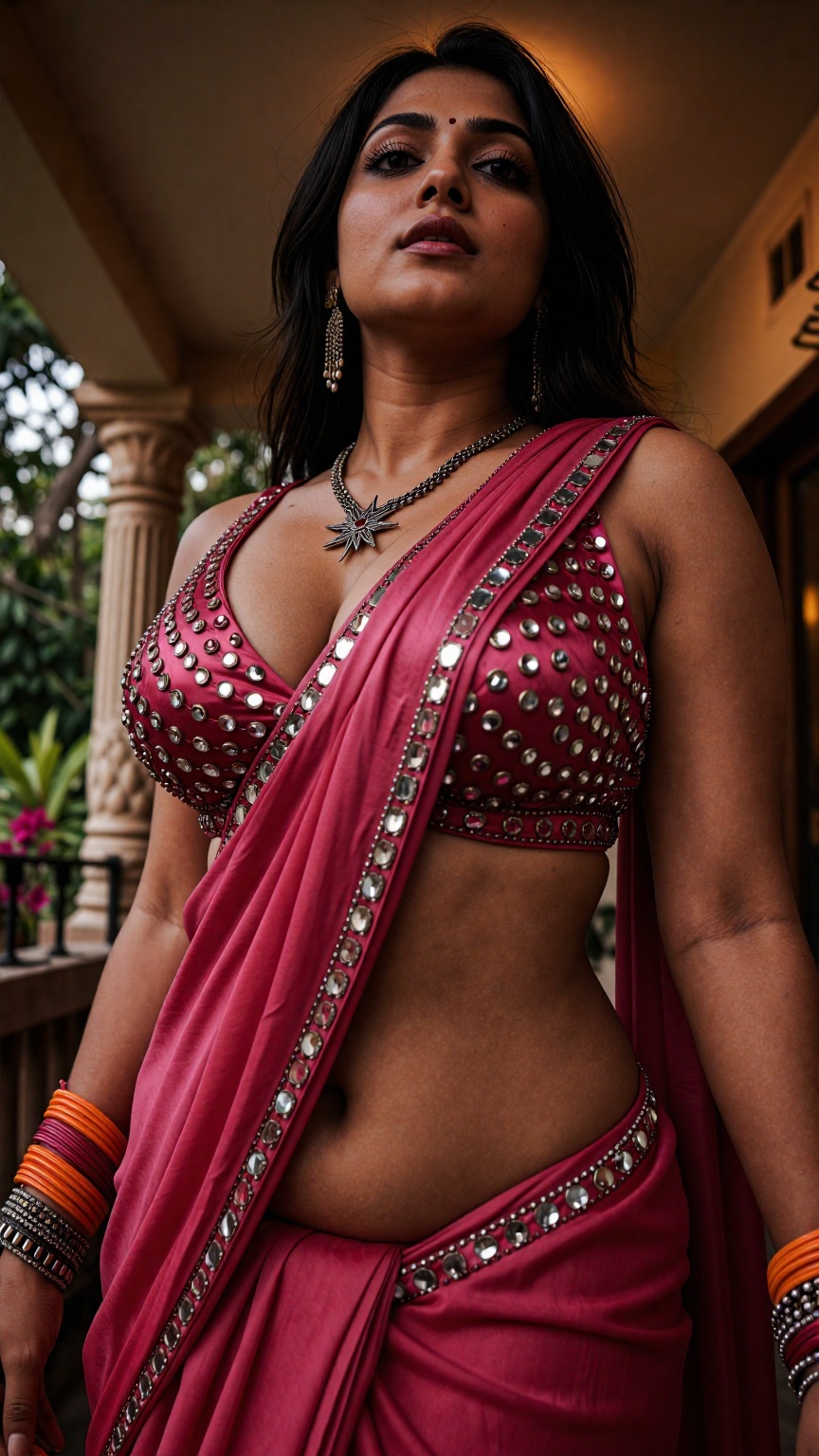 Cinematic photograph of a young South Asian woman with medium brown skin and dark shoulder-length hair,  powerful extreme...