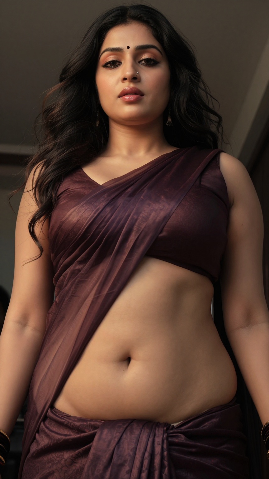 cinematic worms-eye view low-angle shot of a stunning Mallu woman with a seductive expression,  looking down towards the c...