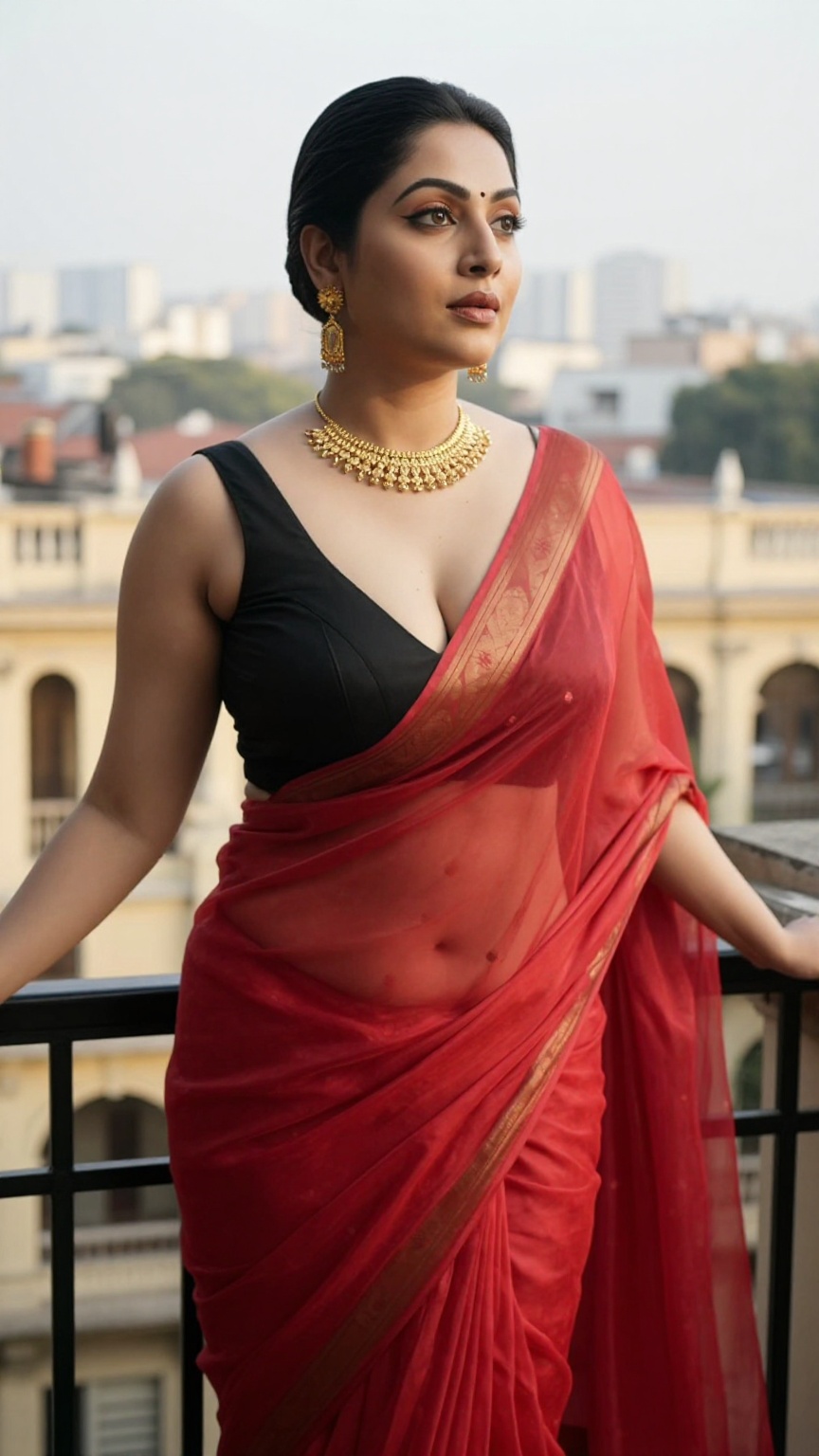 Ultra-realistic fashion portrait of a Bengali woman with pale ivory skin,  naturally curvy figure,  sleek slicked-back bla...
