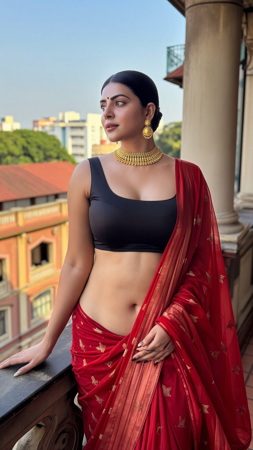 Create an ultra-realistic fashion portrait of a Bengali woman with pale ivory skin and a naturally curvy figure. She has s...