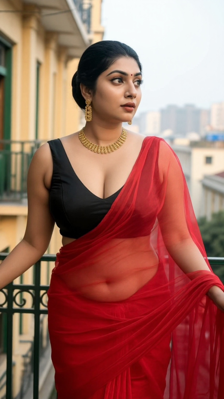Ultra-realistic fashion portrait of a Bengali woman with pale ivory skin,  naturally curvy figure,  sleek slicked-back bla...