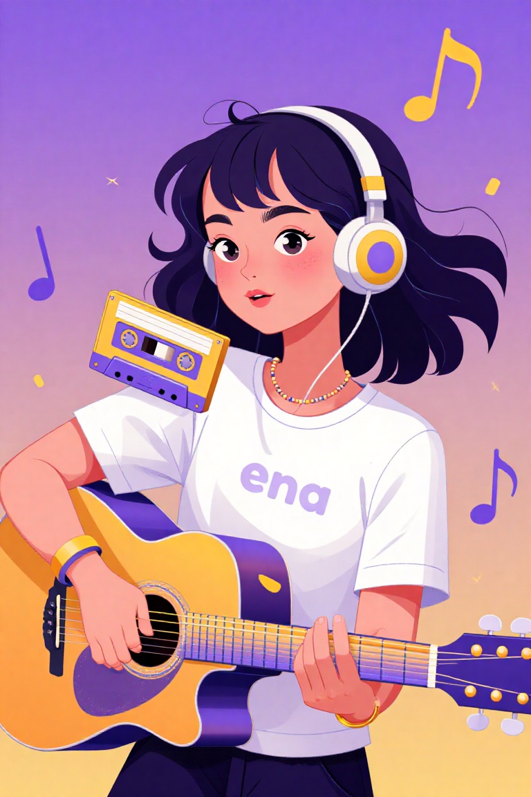 This image is a captivating piece of simple flat illustration,  a young girl with dark,  wavy hair by 让AI更感性 on Tensor.Art