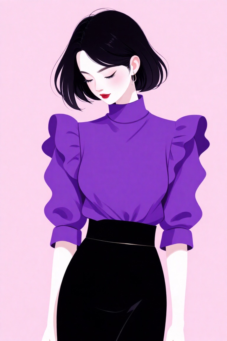 This image is a captivating piece of simple flat illustration,  The image features an elegant illustration of a young woma...