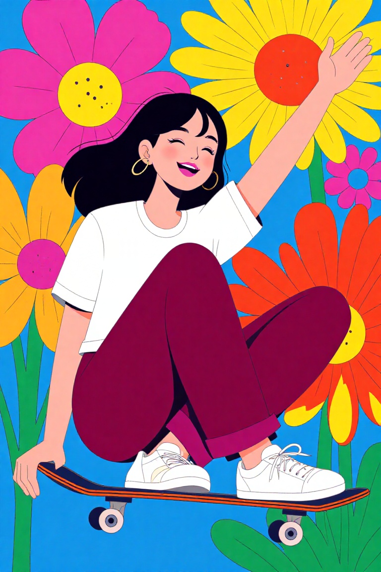 This image is a captivating piece of simple flat illustration,  The image is a vibrant,  colorful illustration of a young...