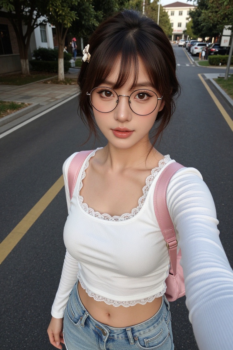 high-angle selfie shot from slightly above eye level,  young East Asian woman early 20s,  fair porcelain skin with soft na...