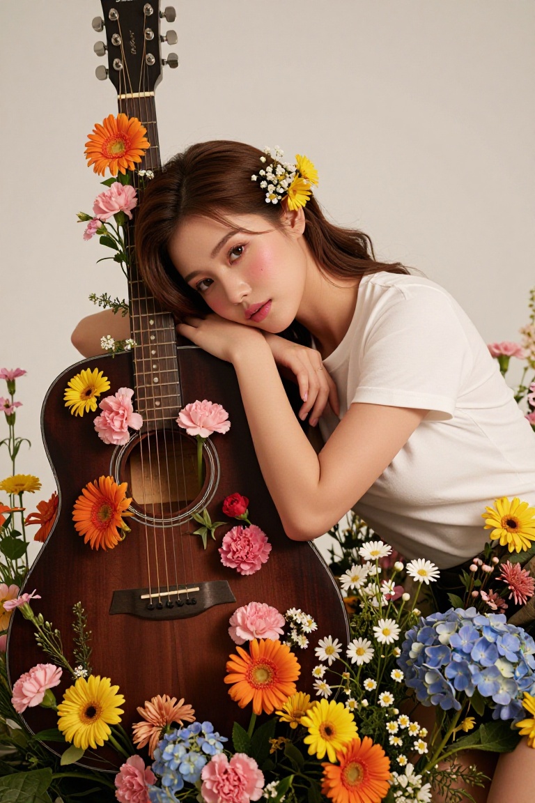 portrait of beautiful young East Asian woman early 20s,  lying gently on her side against a clean off-white studio backgro...