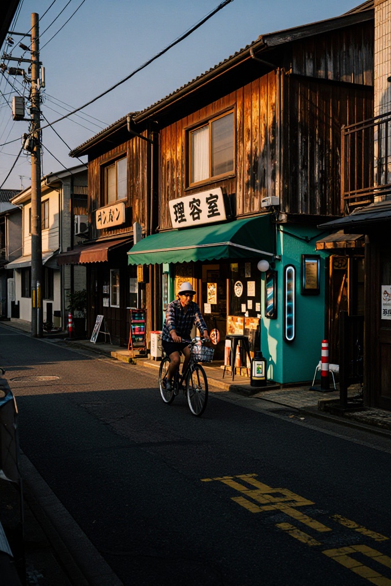 street photography wide shot,  quiet Tokyo alleyway during golden hour,  cyclist in plaid shirt riding past turquoise barb...