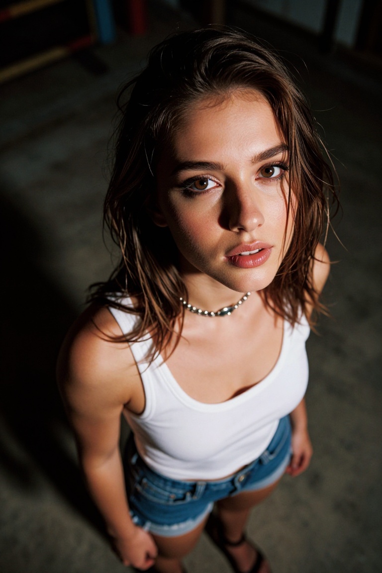 high-angle portrait looking down at subject,  young woman early 20s,  fair skin with soft natural glow on Tensor.Art