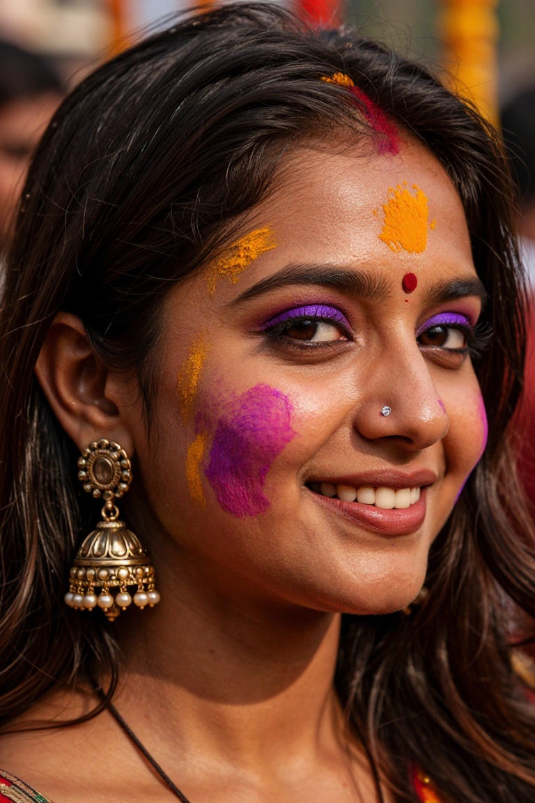 close-up portrait half-face view,  young Indian woman early 20s,  warm golden-brown skin on Tensor.Art