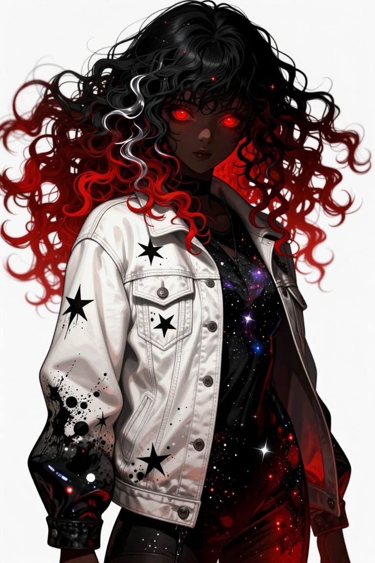 full-body portrait from waist up of a mysterious anime-style girl with voluminous curly black hair that transitions into f...
