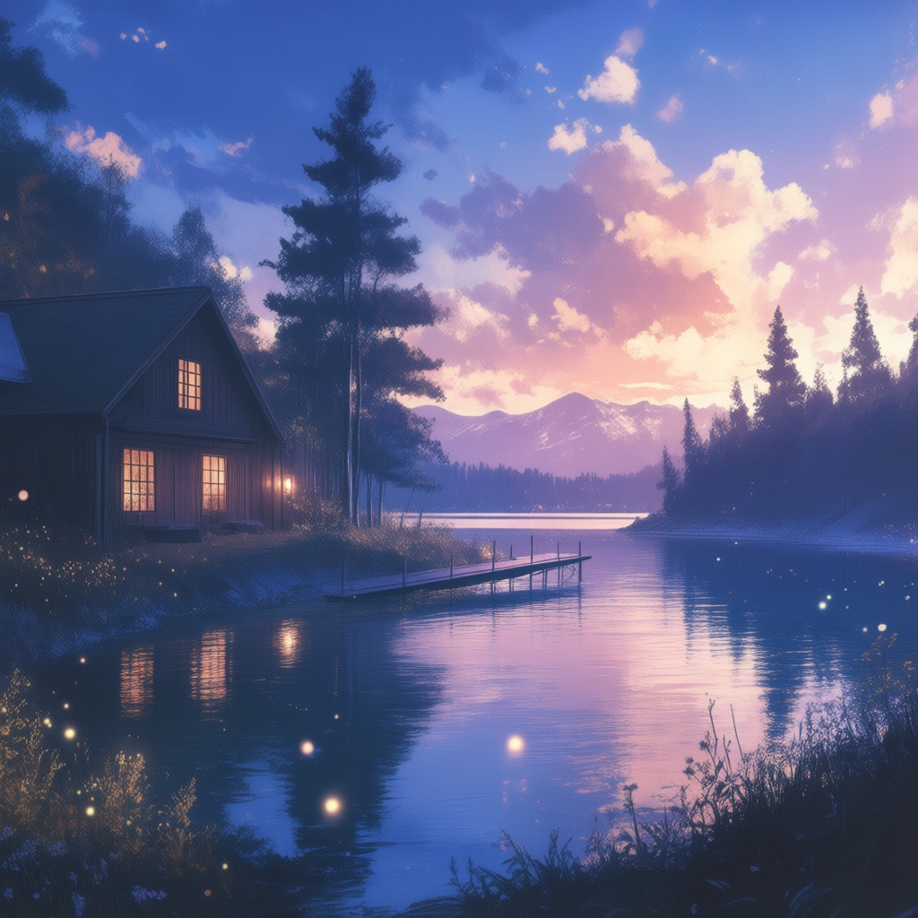 A mystical anime lakeside at twilight,  featuring a cozy wooden cabin surrounded by glowing fireflies and towering pine tr...
