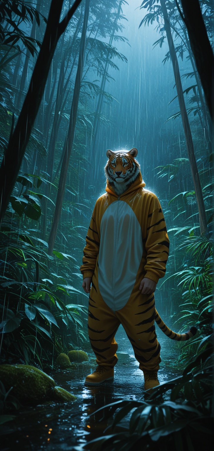 Professional photo of Monkey wearing a tiger costume while holding a tiger face mask in the jungle,  in a heavy rainforest...