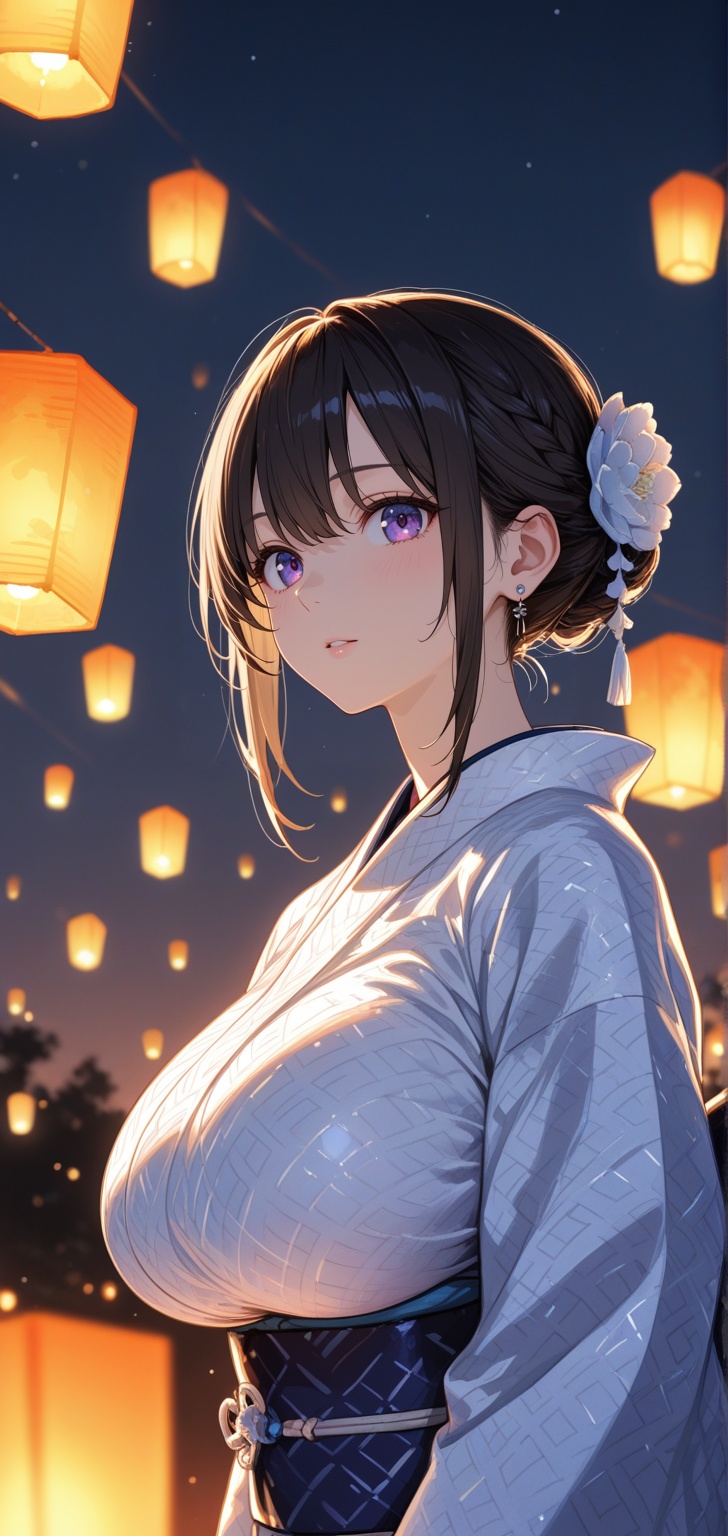 Close-up image of a girl wearing a beautiful kimono,  huge boobs,  her face illuminated by the warm light of a sky lantern...