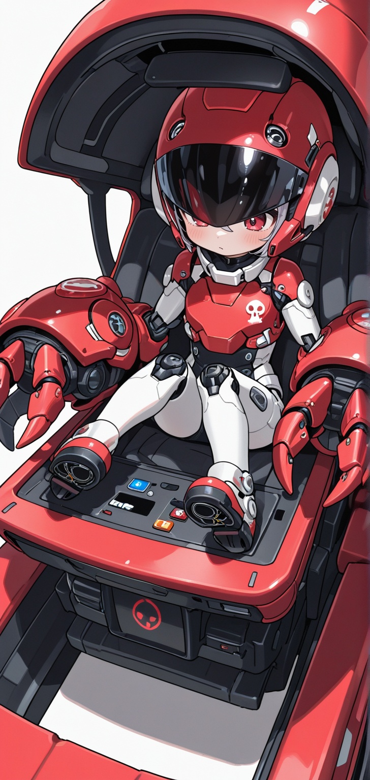 A cute little girl is sitting in the driver's seat of a red and white crab-shaped mechanical vehicle,  wearing a white mec...