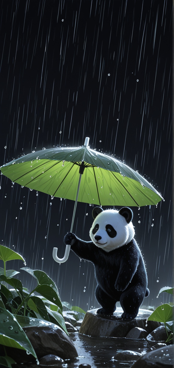 high definition picture,  in a rainy scene,  a panda cub looks cute drenched holding up a taro leaf as an umbrella and loo...