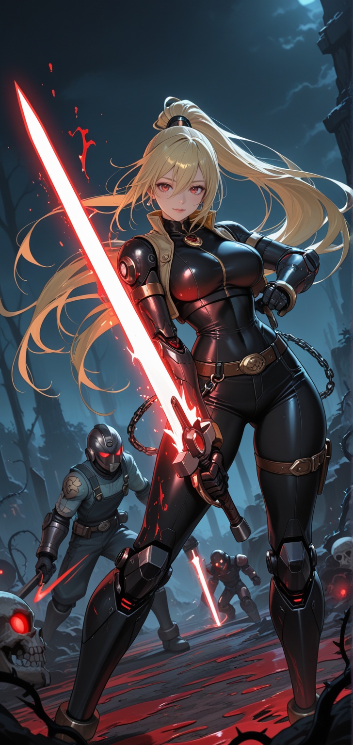 A masterpiece,  a mature,  curvy female cyborg with a striking design inspired by Zero from Mega Man. She has very long bl...