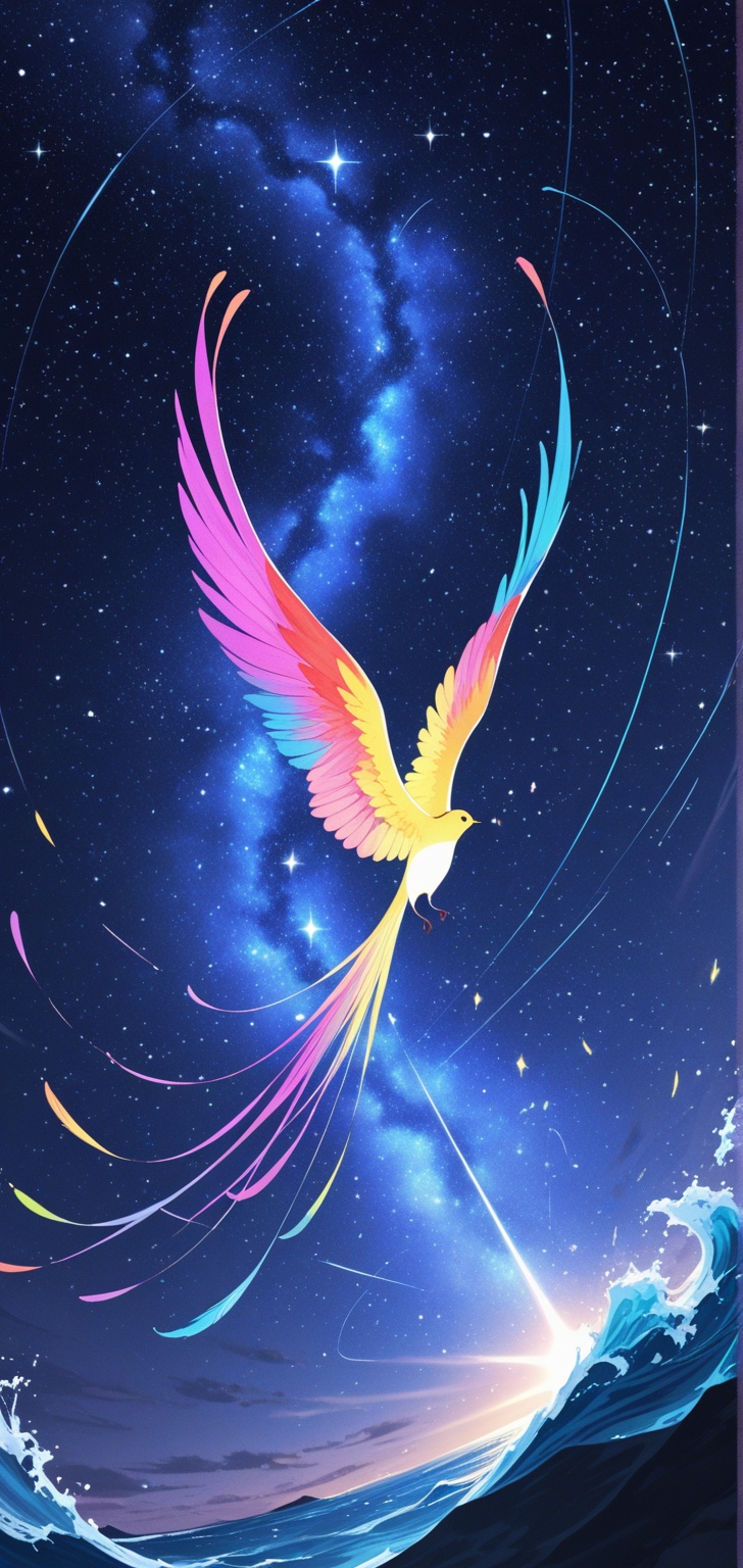 Design a bioluminescent bird with colorful feathers that emit soothing light waves as it soars through the starry sky on T...
