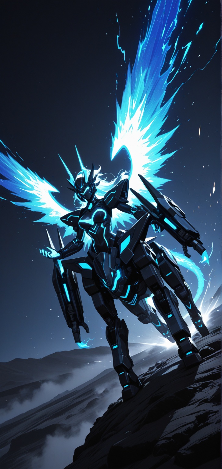 hyperrealistic,  black white gold blue thunder bioluminescent Mecha fallen angel valkyrie red dragon girl devil with chemi...