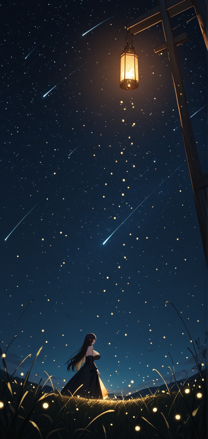 A female holding a lantern at a rice field on midnight. huge boobs,  Many fireflies everywhere. Taken from far away. Add s...
