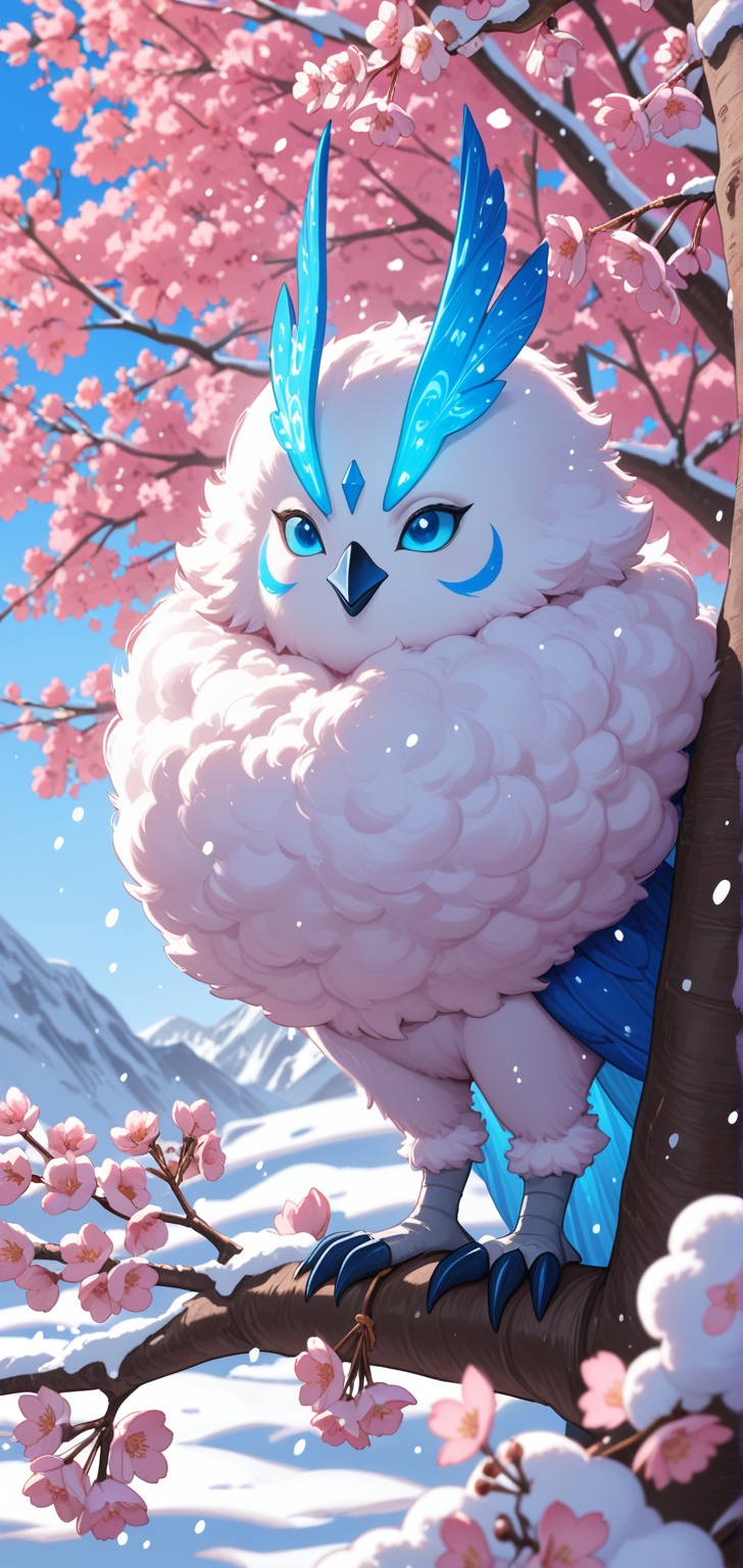 fluffy fuzzy cotton candy bioluminescent wintersnow bird on a cherry blossom tree branch covered with snow,  perfect facia...