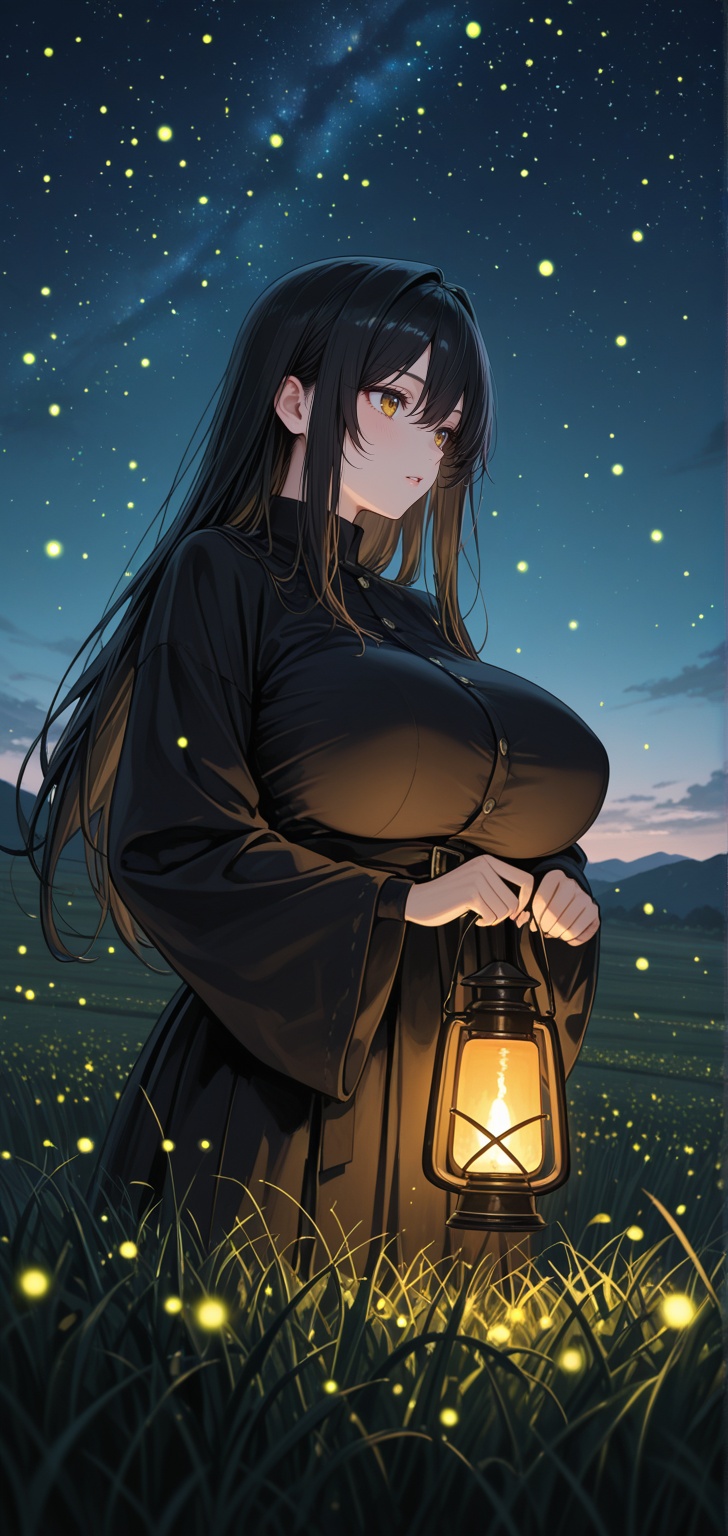 A female holding a lantern at a rice field on midnight. huge boobs,  Many fireflies everywhere. Taken from far away. Add s...