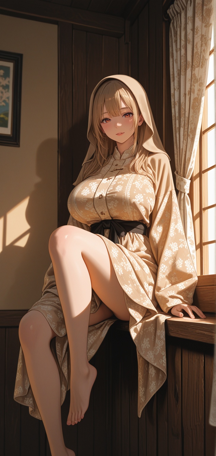A charming cute beautiful young woman with a warm expression and gentle smile sits relaxed on a classic style wooden windo...
