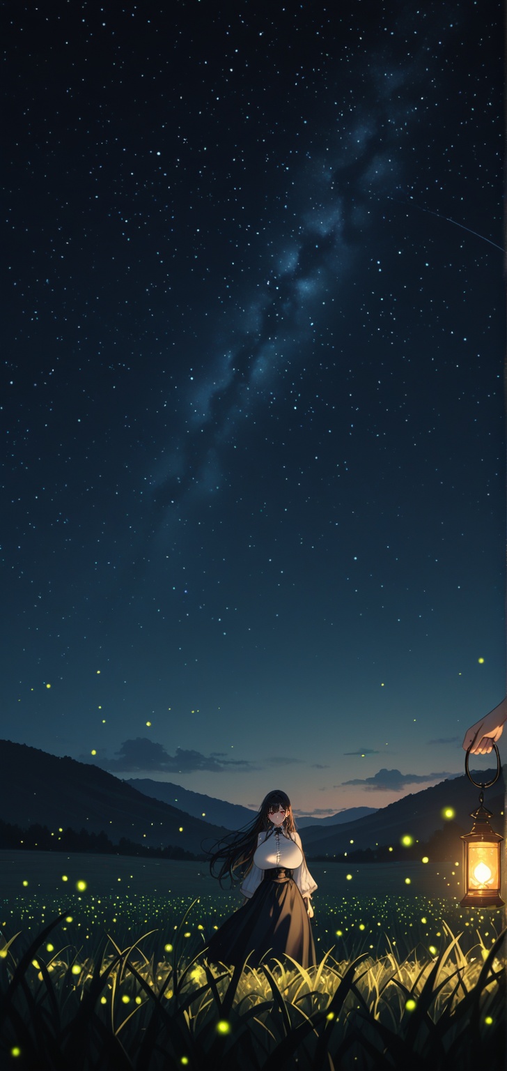 A female holding a lantern at a rice field on midnight. huge boobs,  Many fireflies everywhere. Taken from far away. Add s...
