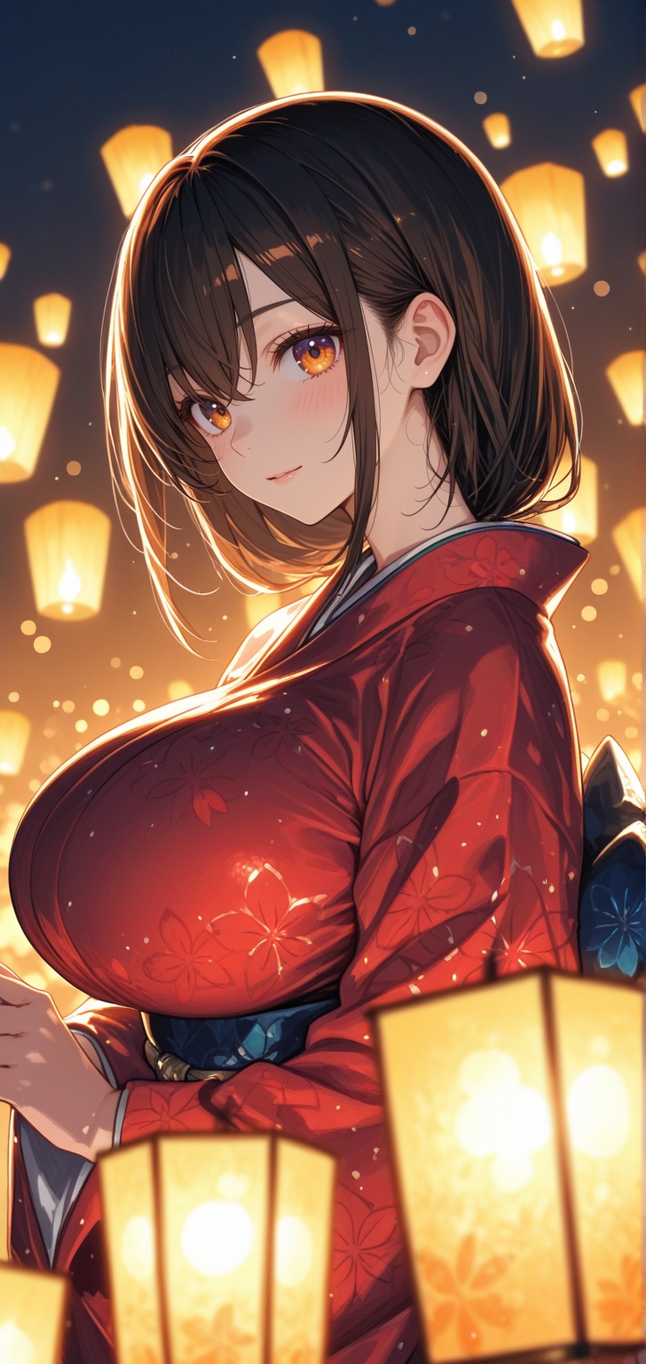 Close-up image of a girl wearing a beautiful kimono,  huge boobs,  her face illuminated by the warm light of a sky lantern...