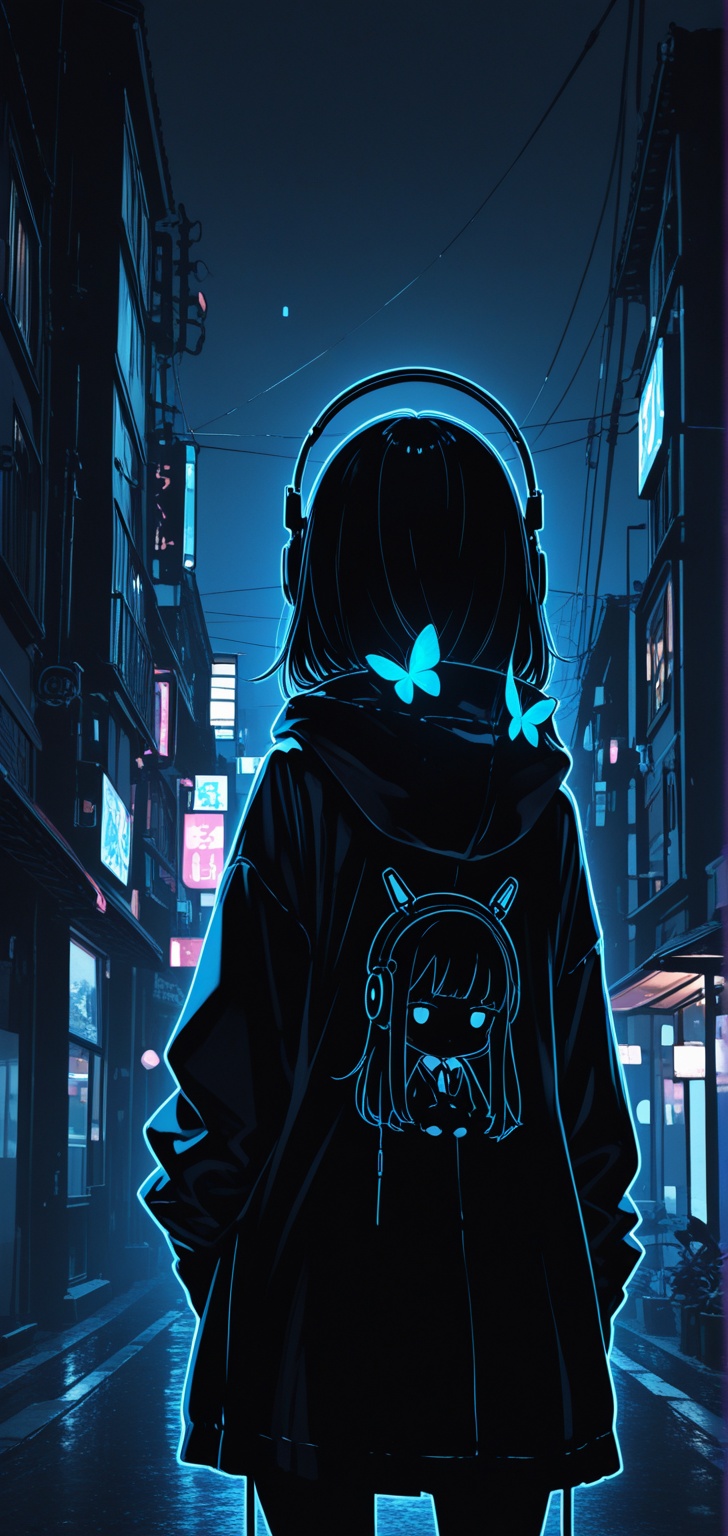 (back view of 1girl with headphone looking front) at very far side of the very crowdy noisy city in the night),  chibi sty...