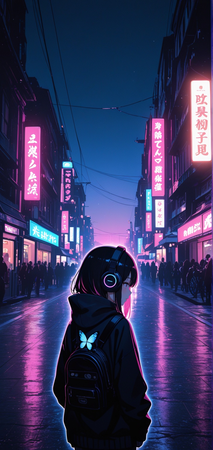 (back view of 1girl with headphone looking front) at very far side of the very crowdy noisy city in the night),  chibi sty...