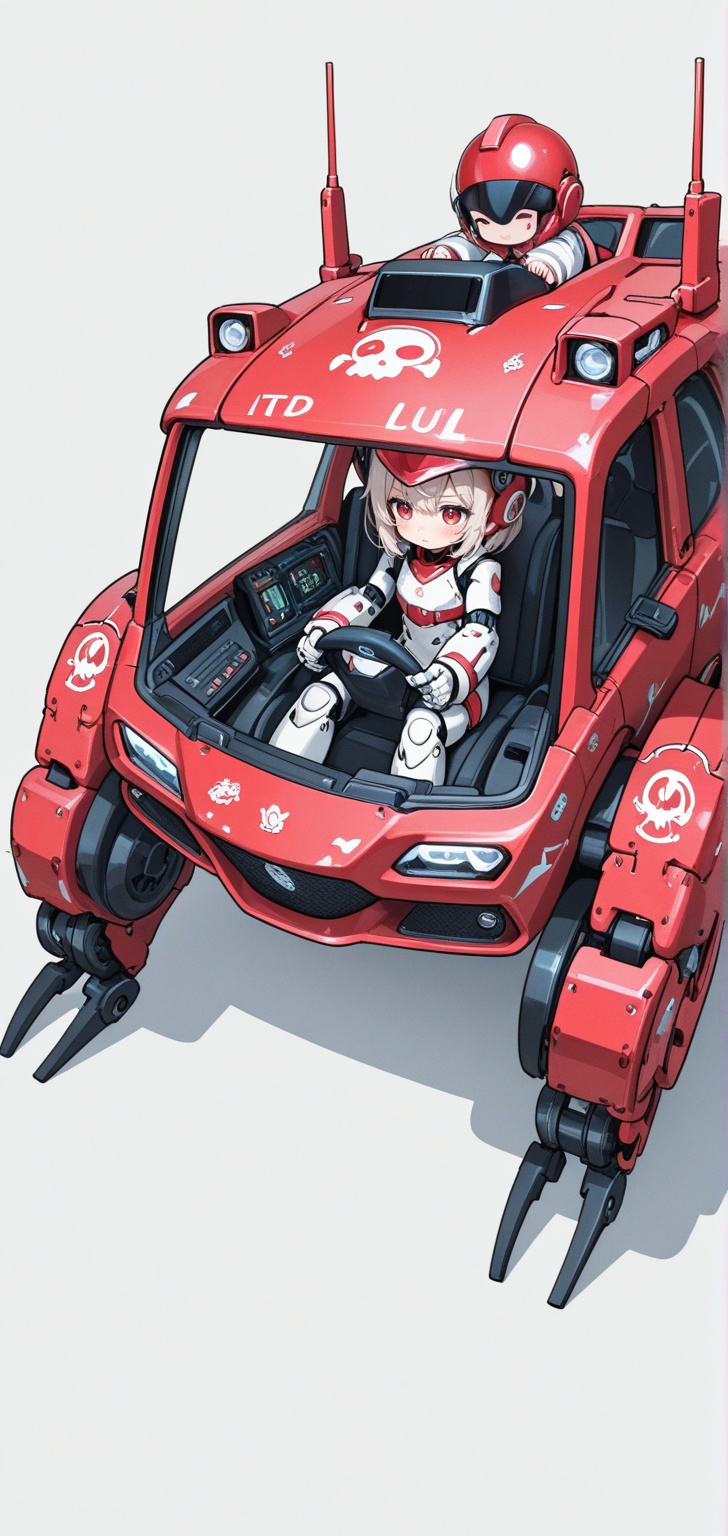 A cute little girl is sitting in the driver's seat of a red and white crab-shaped mechanical vehicle,  wearing a white mec...