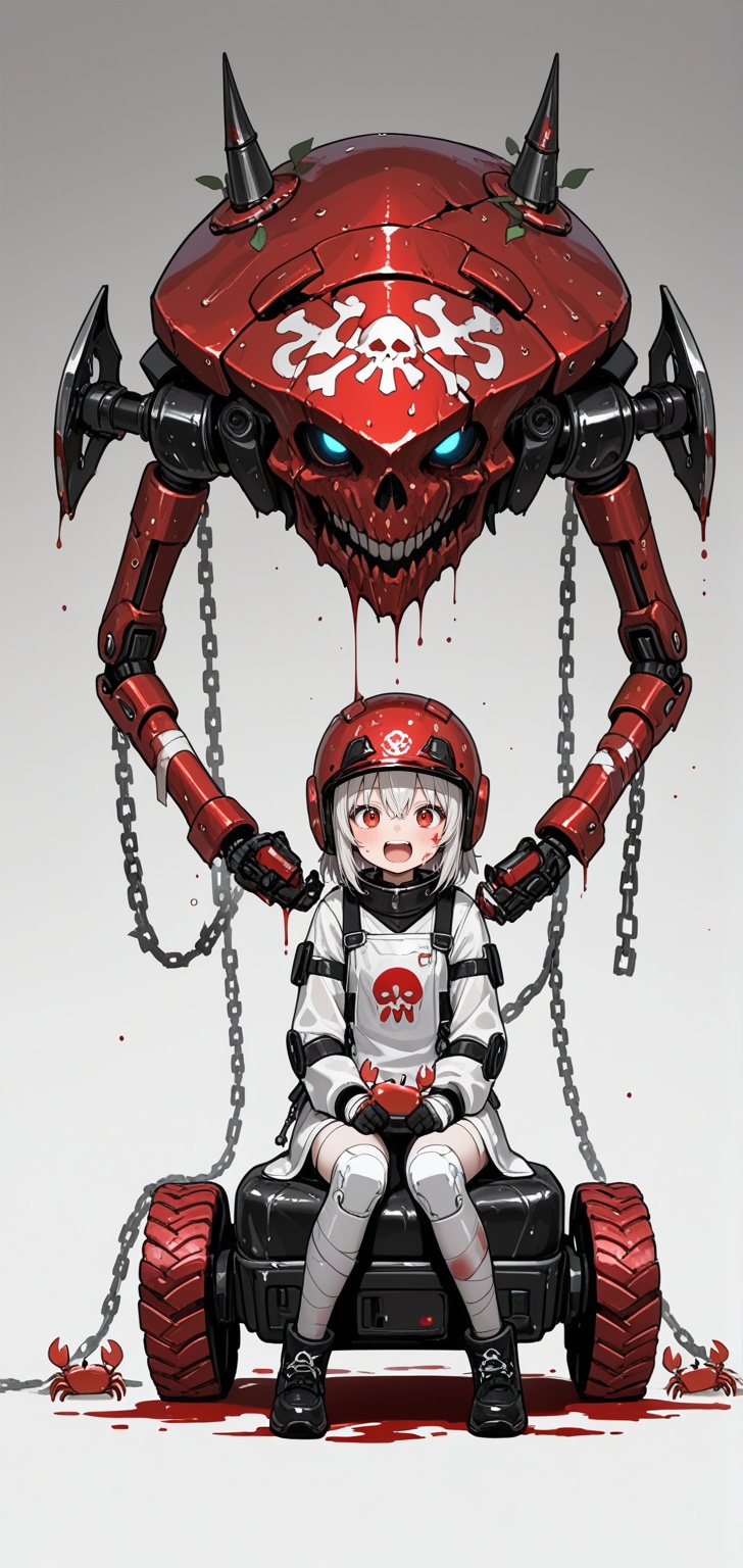A cute little girl is sitting in the driver's seat of a red and white crab-shaped mechanical vehicle,  wearing a white mec...