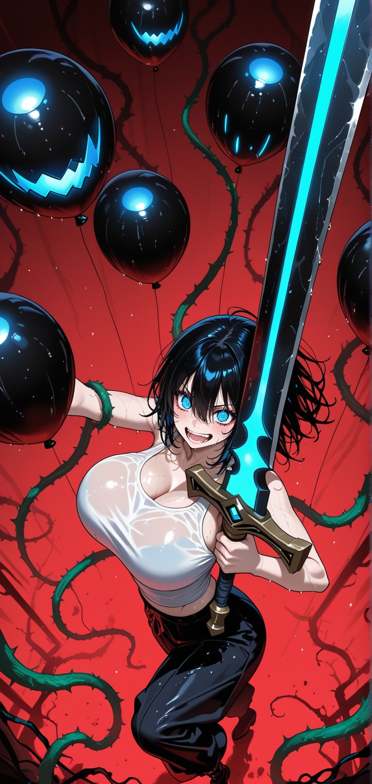 female anime character in black balloon trousers,  white top,  holding a gigantic sword on Tensor.Art