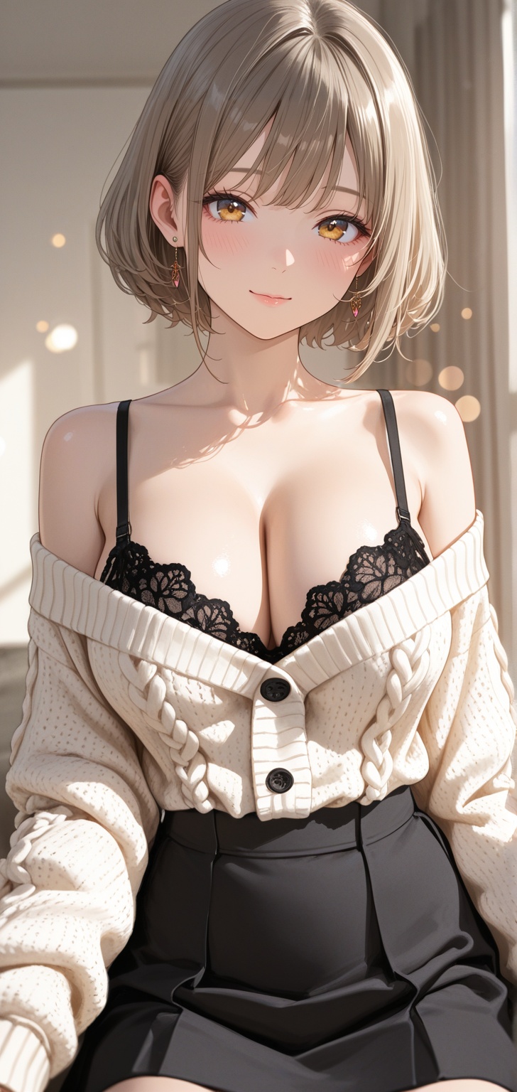 Subject description: A beautiful young Asian woman with stylish short light brown wavy hair and delicate features looks at...