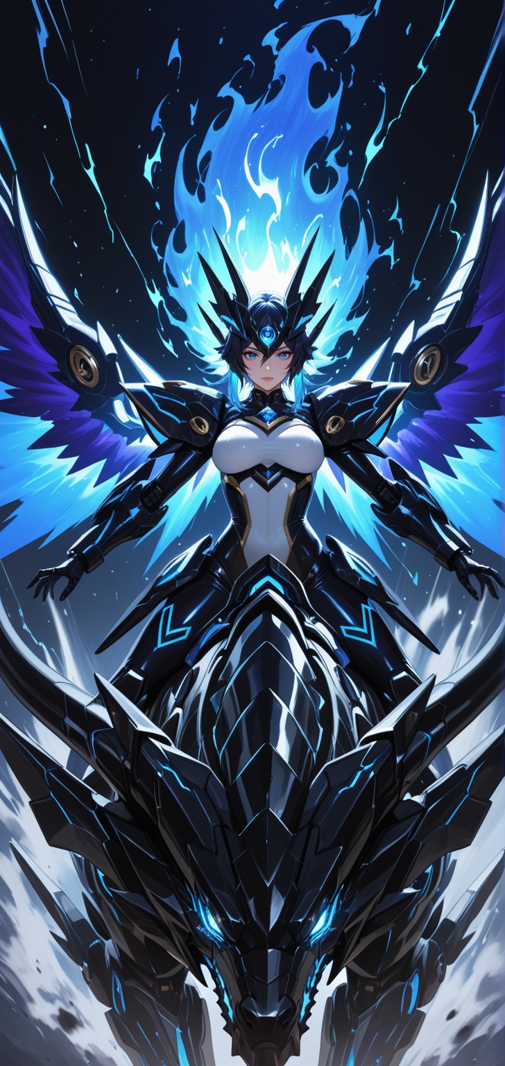hyperrealistic,  black white gold blue thunder bioluminescent Mecha fallen angel valkyrie red dragon girl devil with chemi...