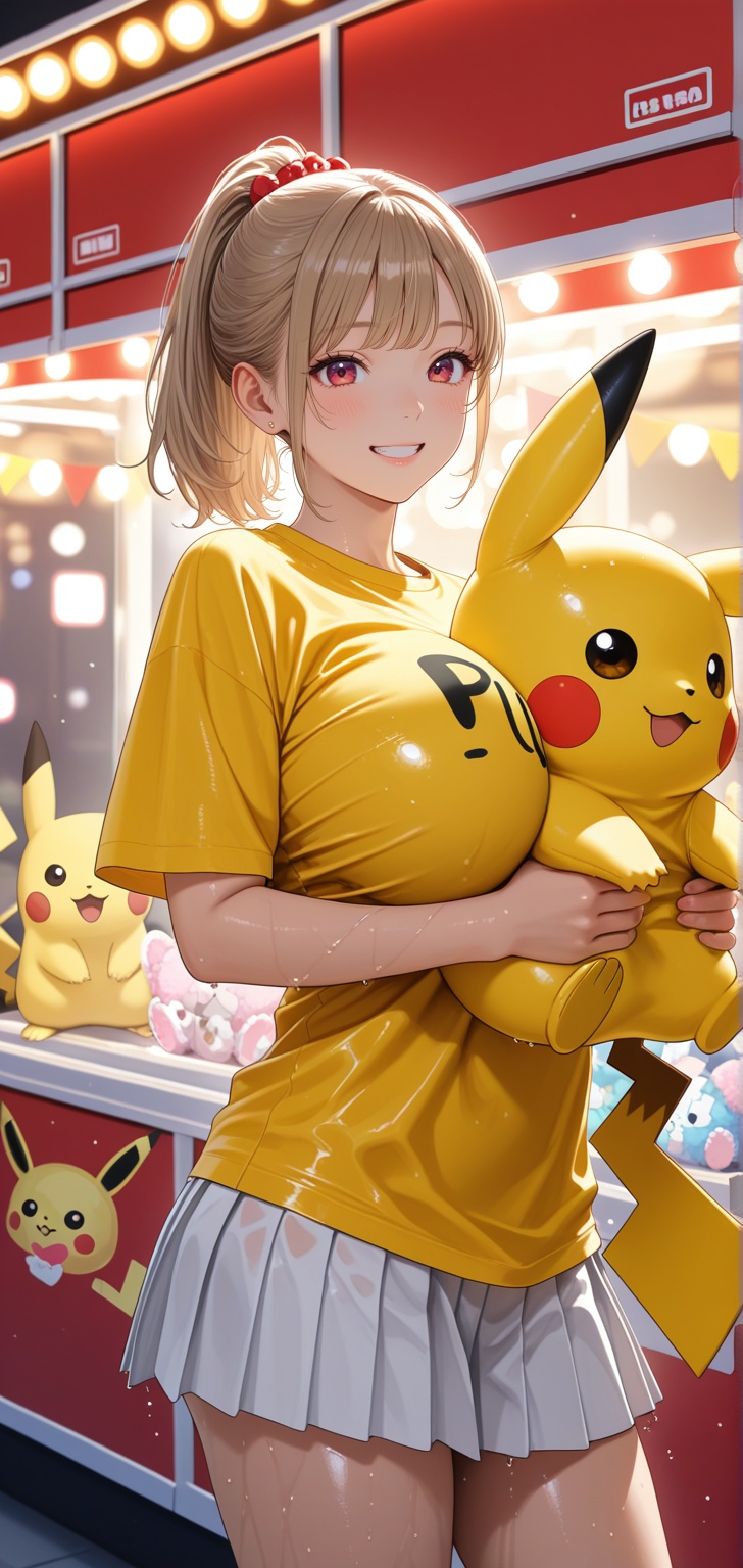 A beautiful young Asian woman with light brown hair in a ponytail,  smiling brightly,  huge boob on Tensor.Art