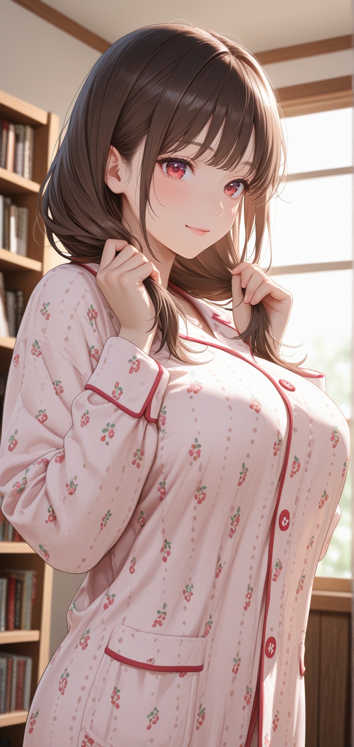 A high-quality portrait of a young beautiful Japanese-style girl with brown hair and bangs.huge boobs,  She is wearing cut...