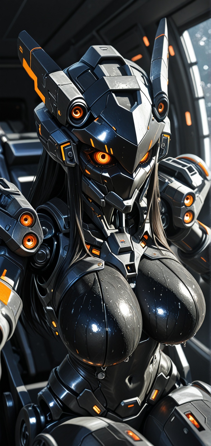 A futuristic Japanese animated 3D/CG cyborg girl sits inside an open-top mechanical pod/mecha,  with a complex industrial...