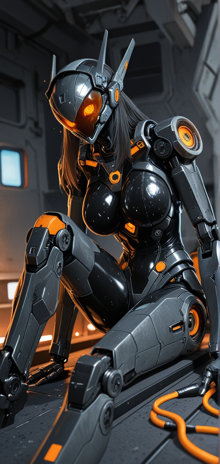 A futuristic Japanese animated 3D/CG cyborg girl sits inside an open-top mechanical pod/mecha,  with a complex industrial...