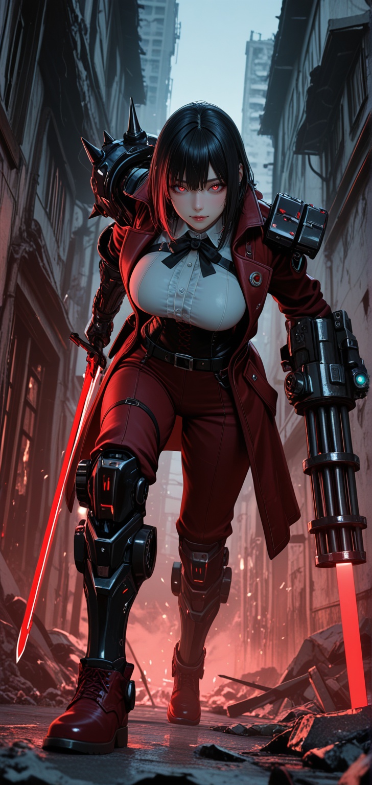 A young Japanese woman in a 3D/CGI dark fantasy/cyberpunk style with long,  messy black hair,  a sharp and serious express...