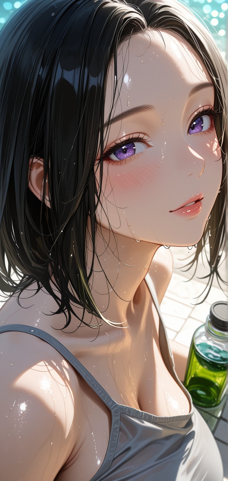 Create an ultra-realistic close-up portrait of a young woman with wet black hair that falls naturally to her face and neck...
